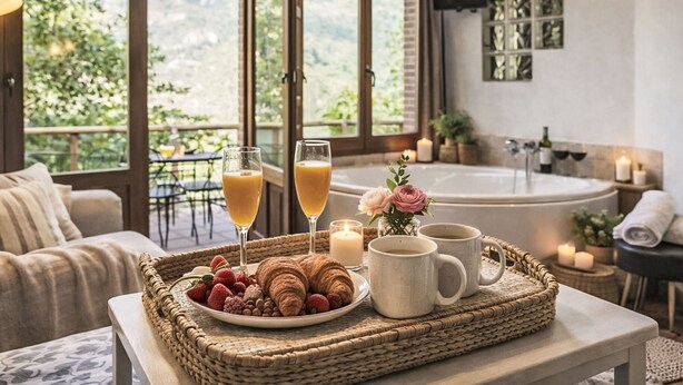 A breakfast tray with croissants, strawberries, and juice glasses on a table in a room with a large window, a bathtub, and a television. - Jacuzzi, Kamin, Grill und spektakuläre Aussicht by Interhome (Las Ventas)