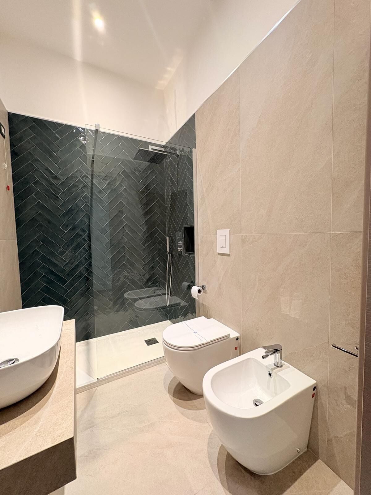 A modern bathroom with two sinks, a toilet, and a shower area.