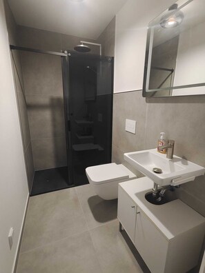 Dusche, Haartrockner, Handtücher, Seife