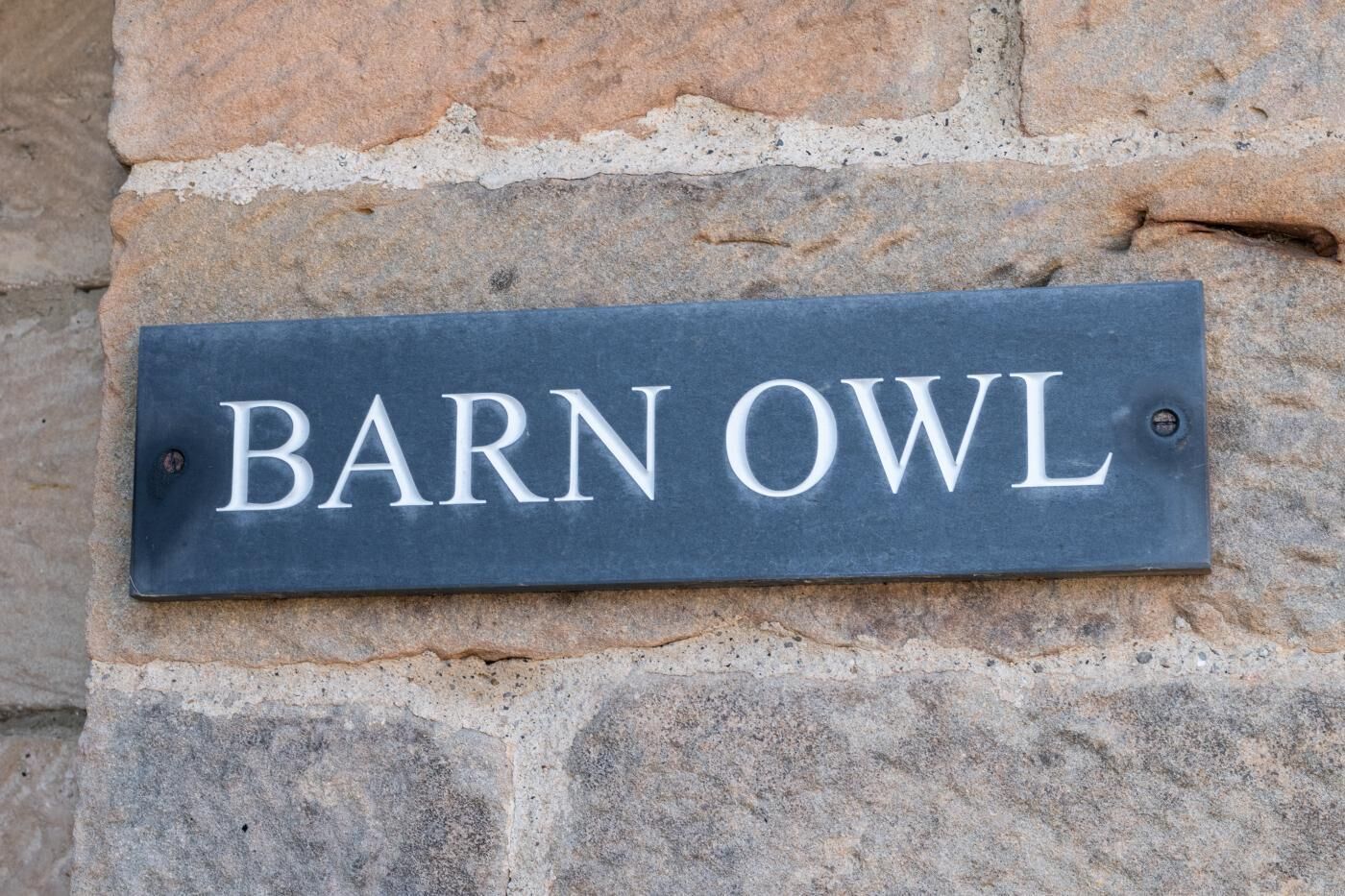 A rectangular sign with the inscription 'BARN OWL' mounted on a stone wall.