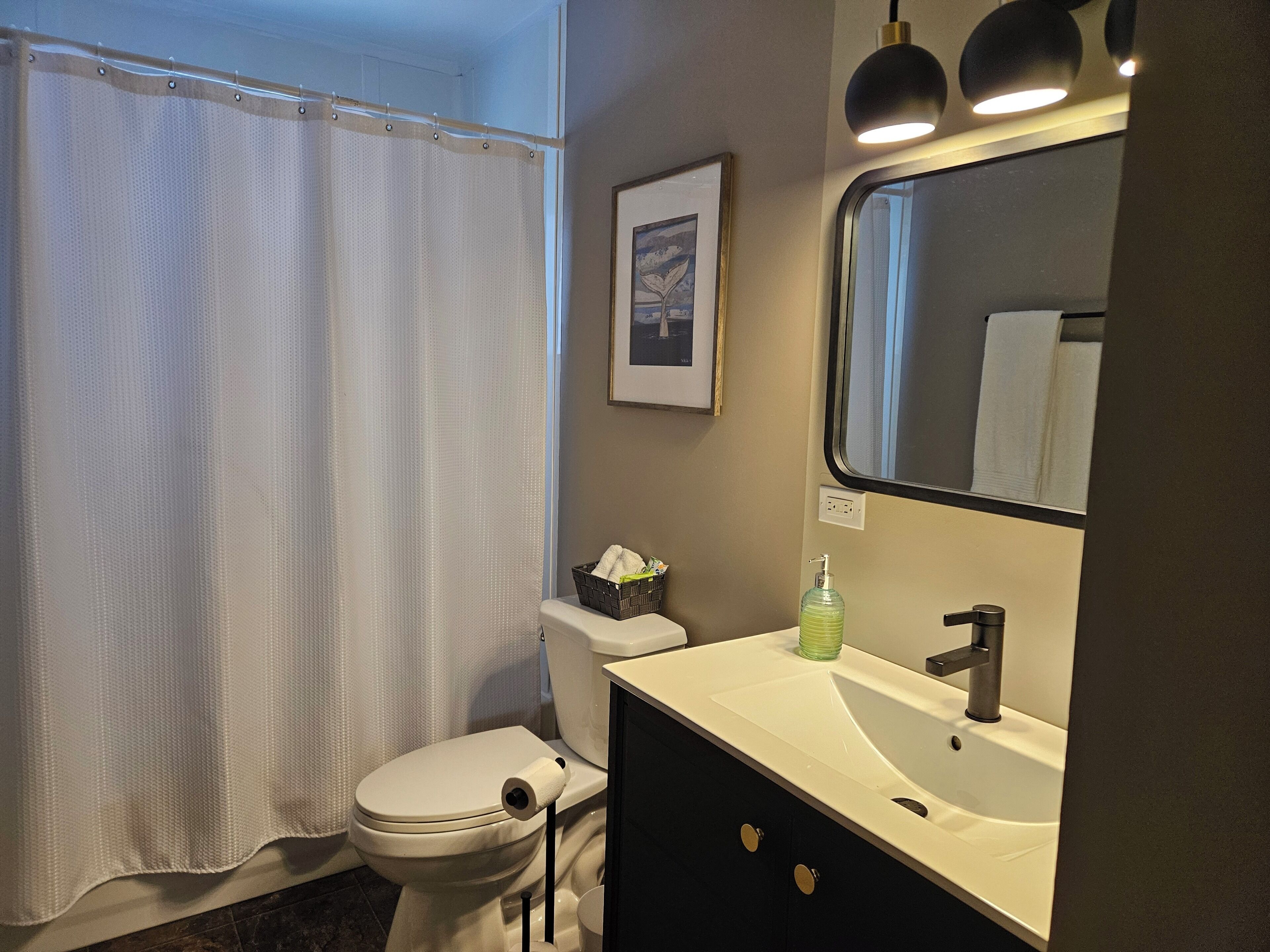 Sèche-cheveux, serviettes fournies, savon, papier toilette