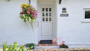 Un edificio bianco con una porta bianca, un cesto di fiori appeso, una lanterna nera e un cartello che recita 'BLOCHDY'.