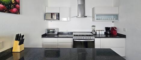 Frigorífico, microondas, horno y placa de cocina