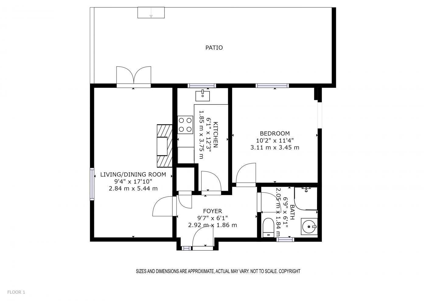 A floor plan of a house with a patio, living/dining room, kitchen, bedroom, foyer, and bathroom.