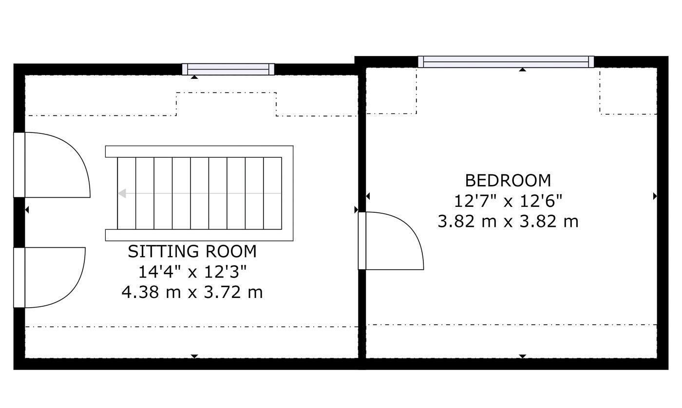 Plano de planta que muestra una sala de estar de 4.37 metros por 3.73 metros y un dormitorio de 3.84 metros por 3.79 metros.