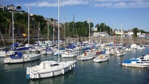 A marina with numerous boats docked, surrounded by greenery and buildings.