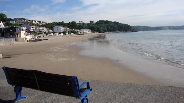 A beach with a bench, houses, and a forested hill in the background.