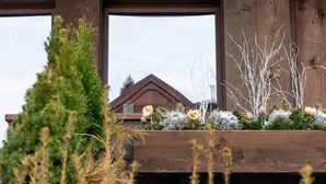 A wooden building with large windows and a balcony with plants.