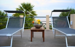 Una terraza en la azotea con dos tumbonas, una mesa con fruteros y vistas a palmeras y edificios.