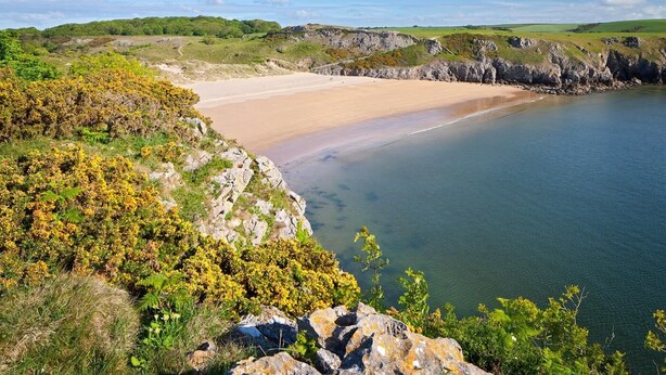 Un paisaje costero con una playa arenosa, acantilados rocosos y colinas verdes.