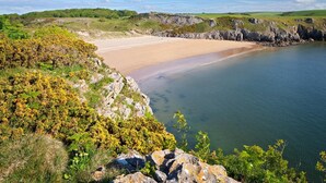 Paisagem costeira com uma praia de areia, falésias rochosas e colinas verdes.
