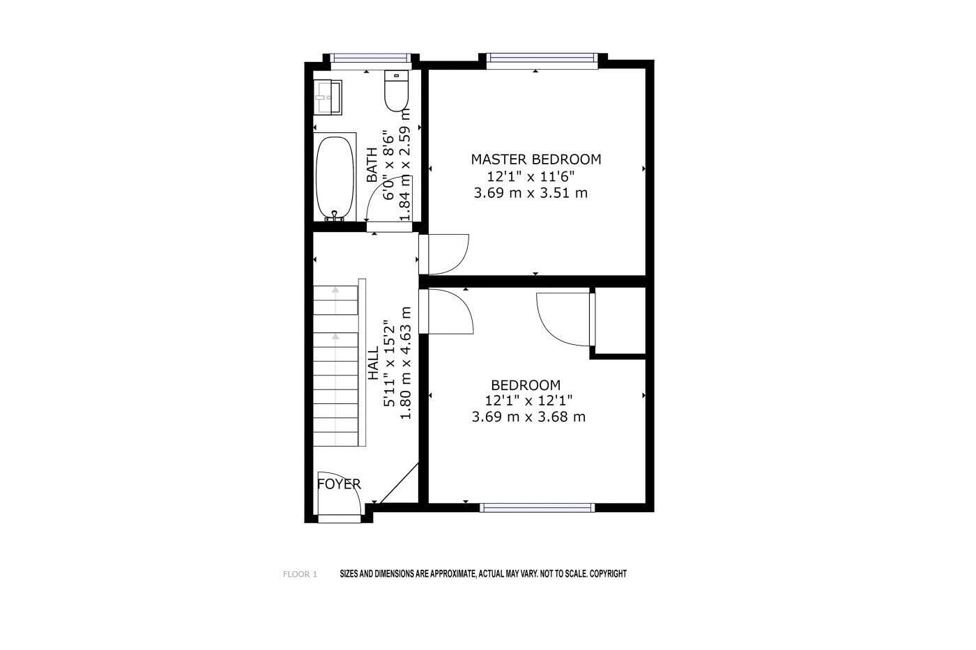 A floor plan of a hotel room with a master bedroom measuring 12'1" x 11'6", a smaller bedroom measuring 12'1" x 12'1", a bathroom, and a foyer.