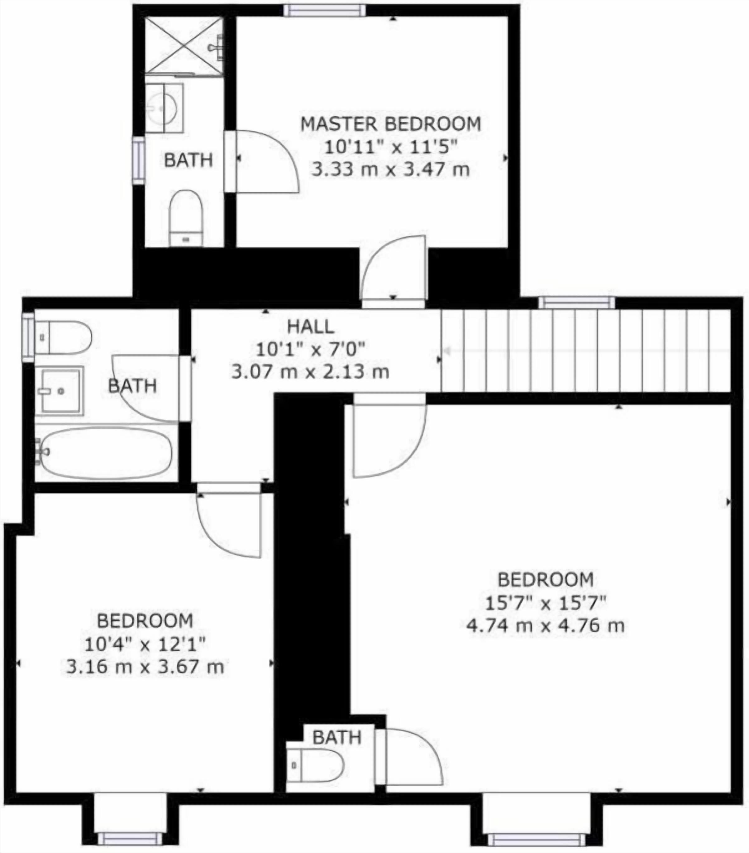 A floor plan with a master bedroom (10'11" x 11'5"), a hall (10'1" x 7'0"), a bathroom, and two other bedrooms (10'4" x 12'1" and 15'7" x 15'7").