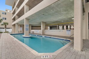 An indoor swimming pool with a no diving sign, a pool rules sign, and a 3 FT depth marker. - 3 Bdrm North Shore Villa w/ Lazy River, Hot Tub (North Myrtle Beach)