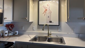 A modern kitchen with a double sink, a framed artwork above the sink, and a decorative ceiling light. - This home has been rented annually and not available on VRBO (Cape Coral)