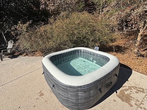 A hot tub with a stone exterior, surrounded by a concrete patio and dense shrubbery. - The Pioneer (Oglethorpe County)