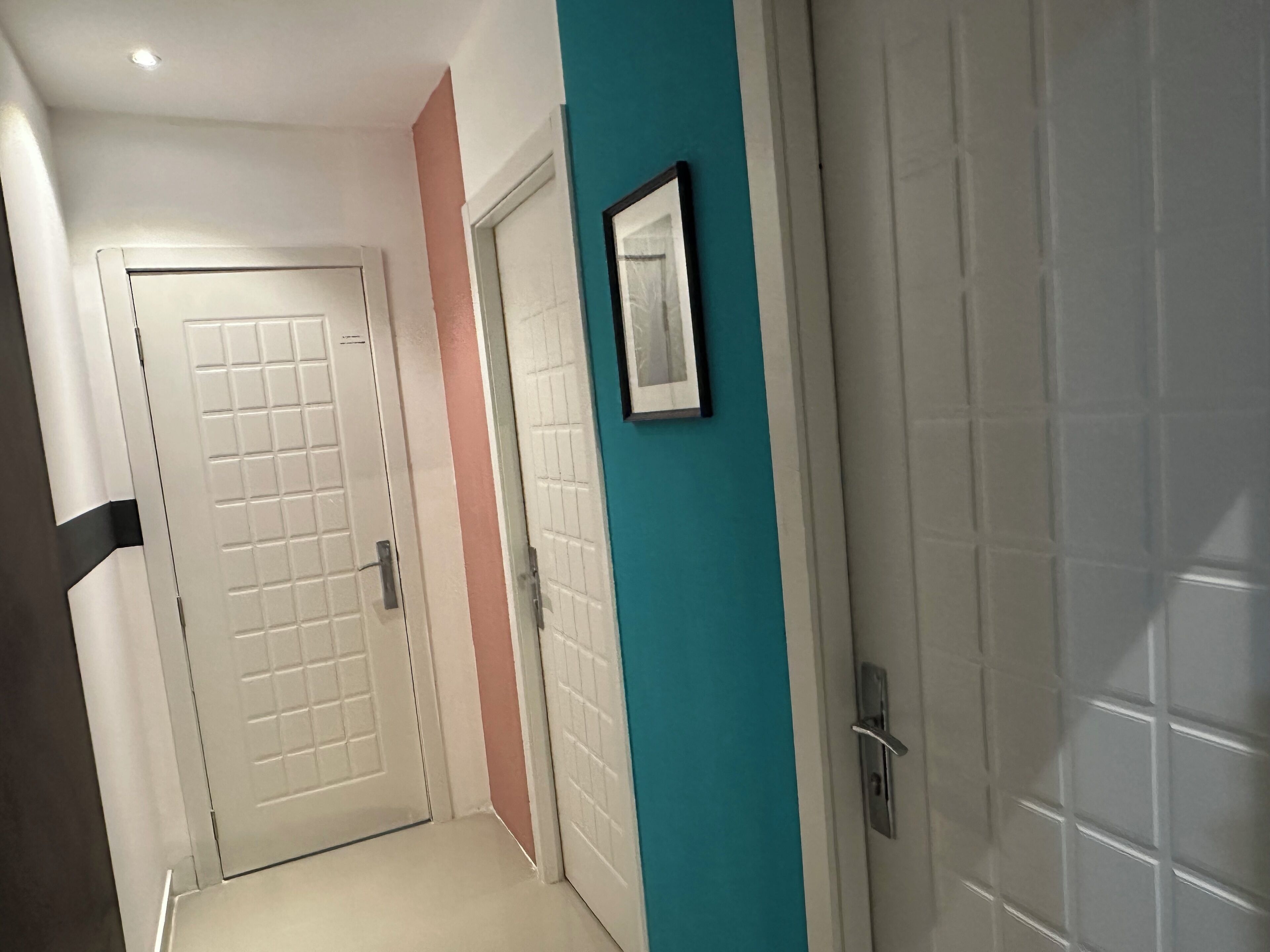 A hallway with white doors, a teal accent wall, and a framed picture.