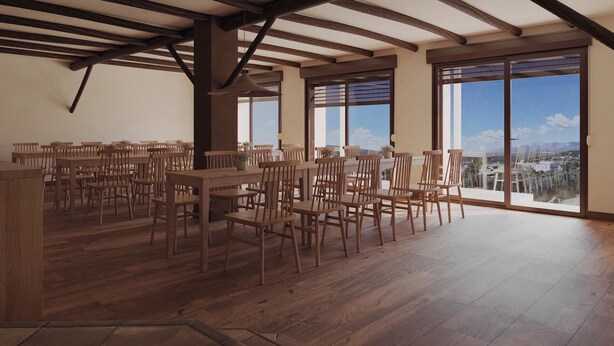 A spacious dining area with wooden tables and chairs, large windows with blinds, and a view of a cityscape. - My Rooms Hostel Las Salas. Albergue (Las Salas)
