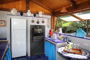 Eine rustikale Küche mit Kühlschrank, Backofen und Blick auf Grünflächen.