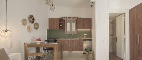 A compact living space with a kitchenette, a dining area, and a shower area.