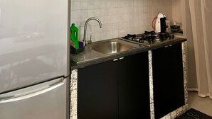 A compact kitchen with a refrigerator, a sink, and a stove. - Apartment with terrace Etna and sea view near central station (Catania)