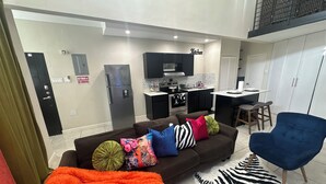 A compact living space with a kitchenette, a sofa with colorful cushions, a blue chair, and a zebra-patterned rug. - Rainbow Retreat near the heart of kingston (Kingston)