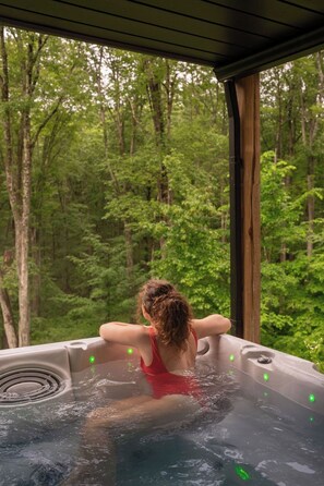 Outdoor spa tub - Modern Cabin | Hot Tub + Forest Views | 2 BR 2 BA (Logan)
