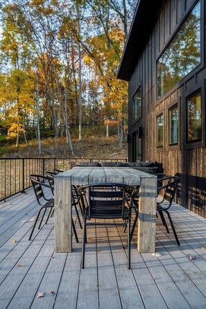Outdoor dining - Modern Cabin | Hot Tub + Forest Views | 2 BR 2 BA (Logan)