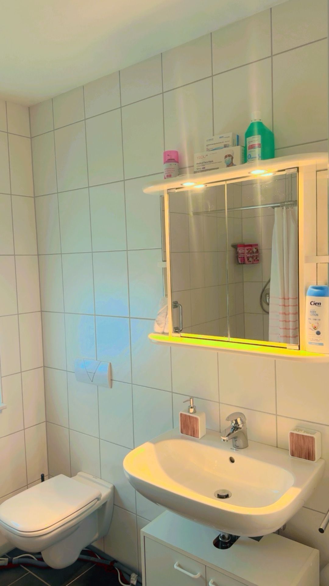 Une salle de bain avec des toilettes, un lavabo et un miroir.