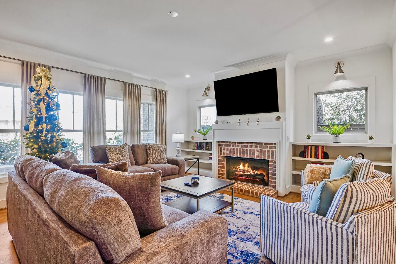 TV, fireplace, books