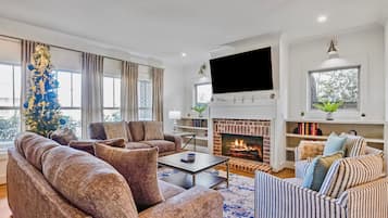 TV, fireplace, books