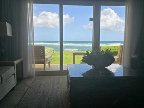 Ein Zimmer mit Meerblick, eine Couch, ein Tisch mit Pflanze und ein Stuhl.