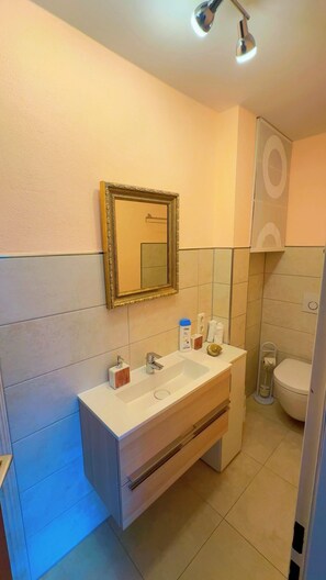 Ducha, secador de pelo, toallas y jabón