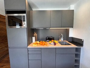A compact kitchen with grey cabinets, a built-in microwave, a toaster, and a sink. - 3rd floor, balcony, tv, ski locker, 26m², Vars (Vars)