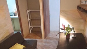 Ett vardagsrum med en mörk soffa, ett litet bord med en krukväxt och en dörr som leder till ett annat rum.