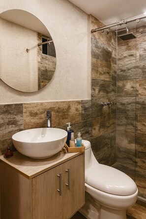 Hair dryer, towels, soap, toilet paper