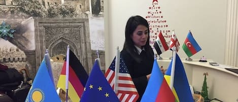 A person standing behind a desk with multiple national flags, including the United States, European Union, and others, in an office setting with a decorative wall and a small Christmas tree.