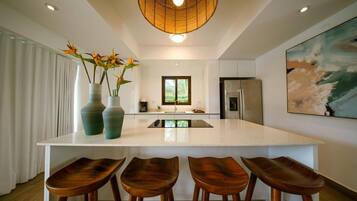 Fridge, microwave, coffee/tea maker, cookware/dishes/utensils