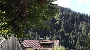 Un terrain de jeux avec un toboggan et des structures d’escalade, entouré d’un champ verdoyant et dominé par une chaîne de montagnes en arrière-plan.