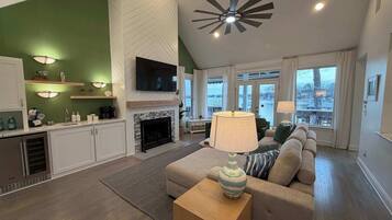 Smart TV, fireplace, video games, foosball