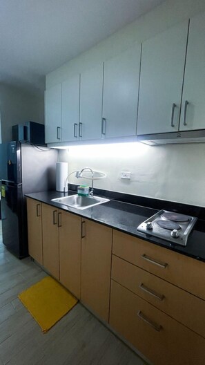 Kühlschrank, Mikrowelle, Herdplatte, Kochgeschirr/Geschirr/Besteck