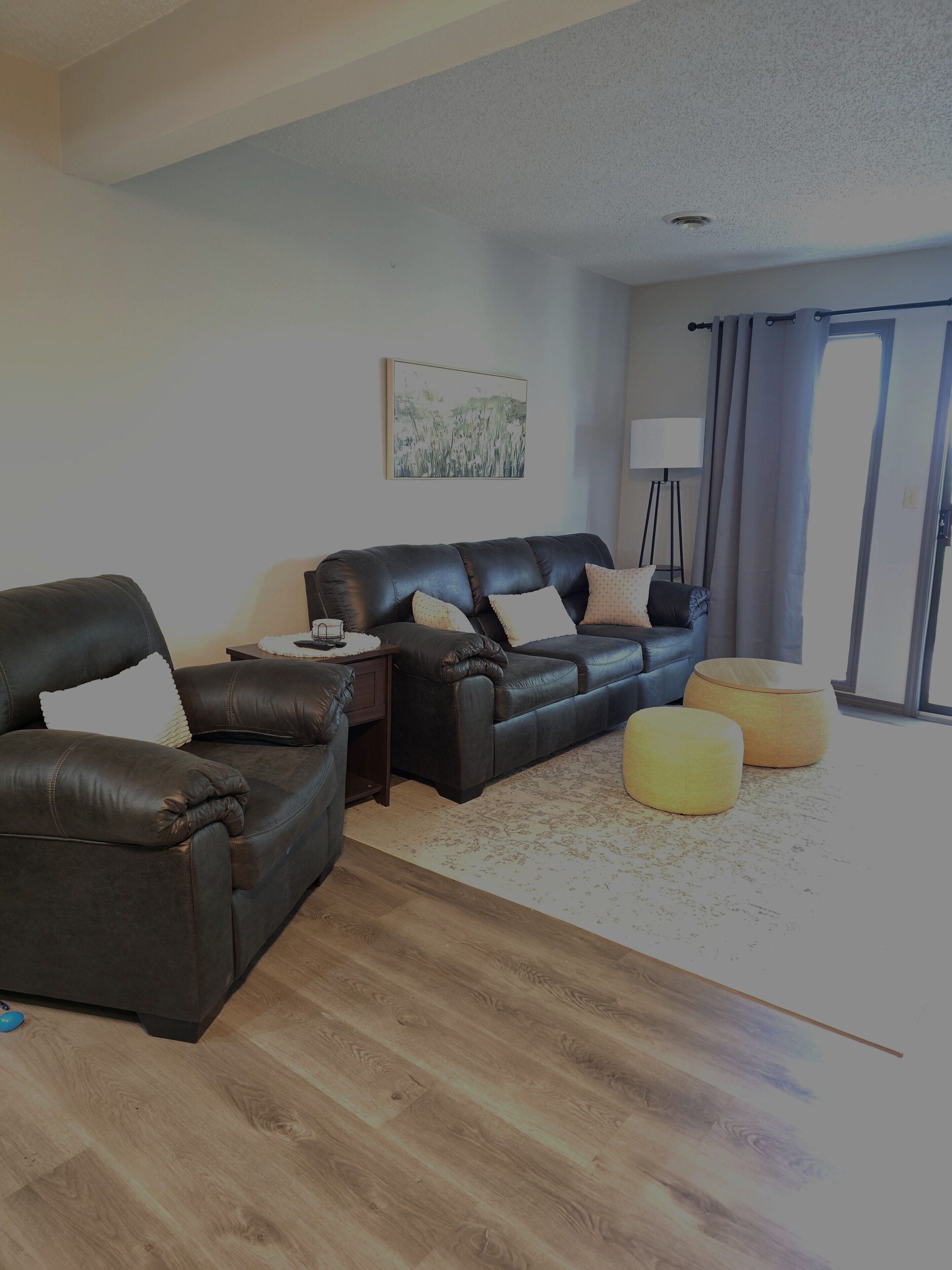 A living room with a sofa, ottoman, and a lamp.