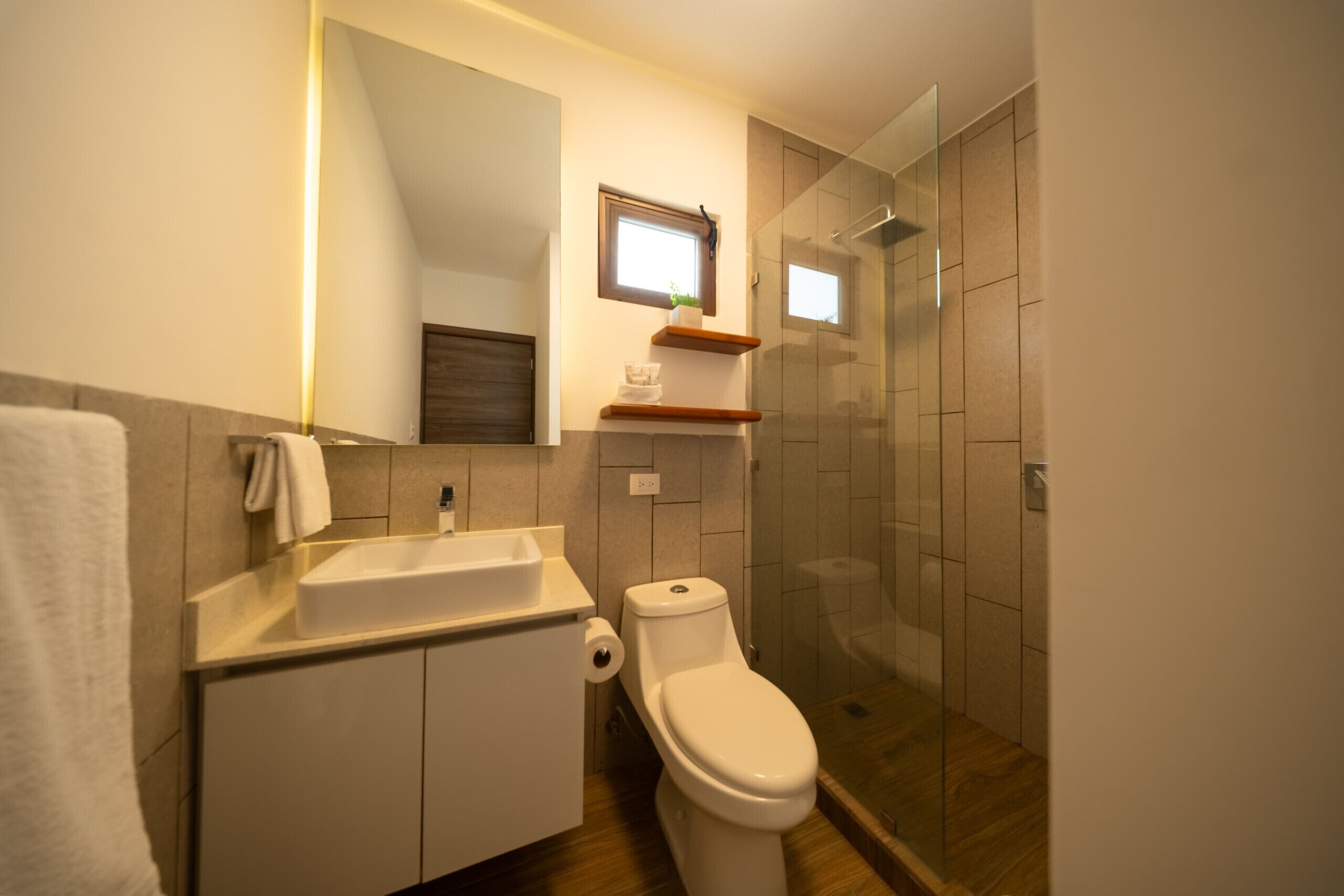 Secadora de cabello, toallas, jabón, shampoo 