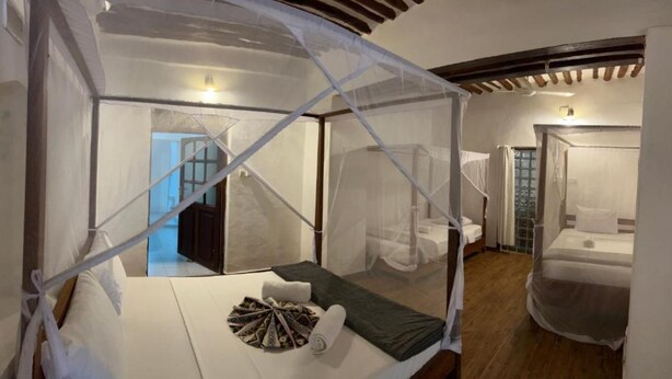 A bedroom with a canopy bed, a separate bathroom, and a view of the outside. - Stone Town House (Zanzibar Town)