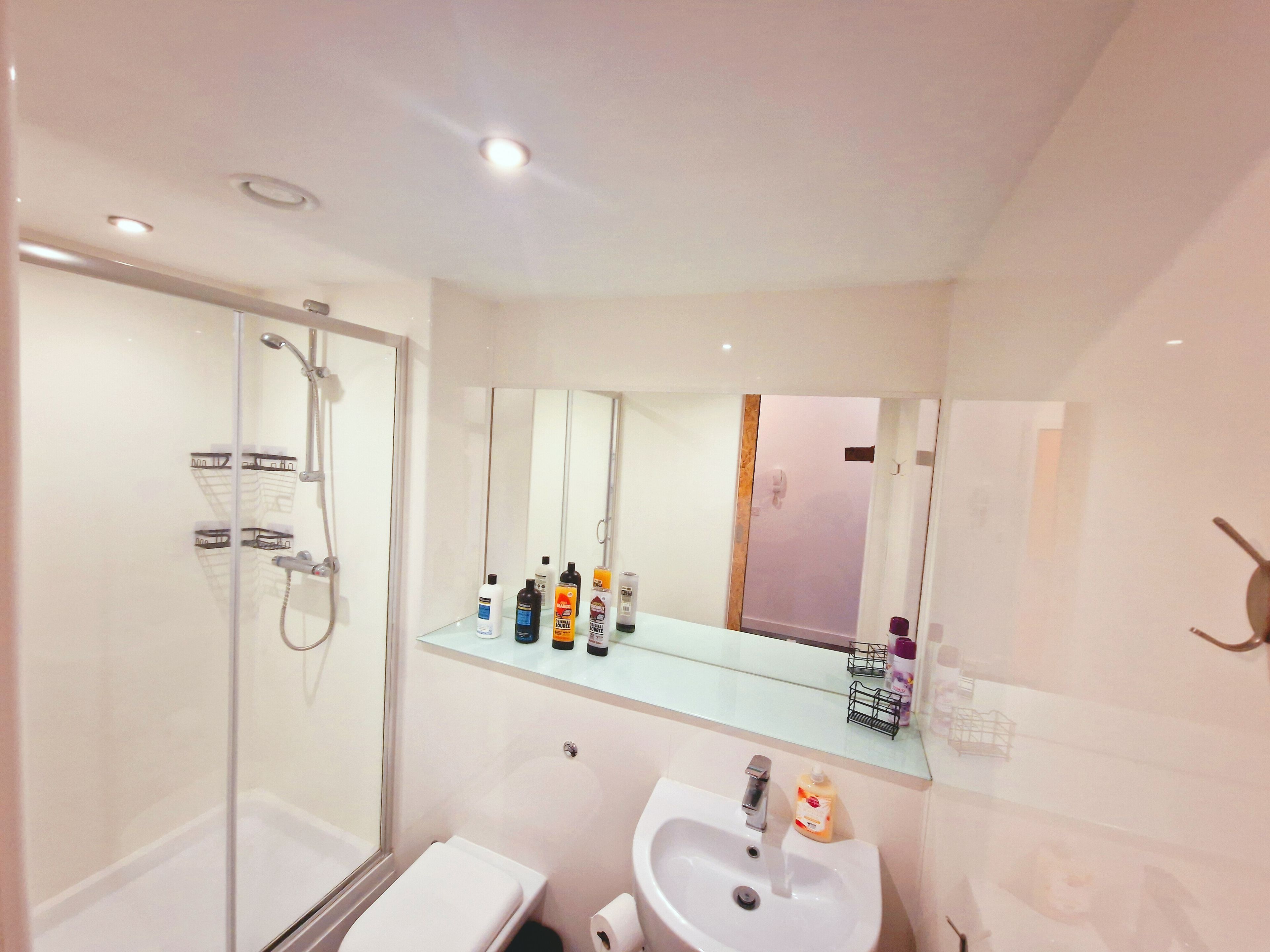 A modern bathroom with a glass shower enclosure, a white sink, and a mirror above the sink.