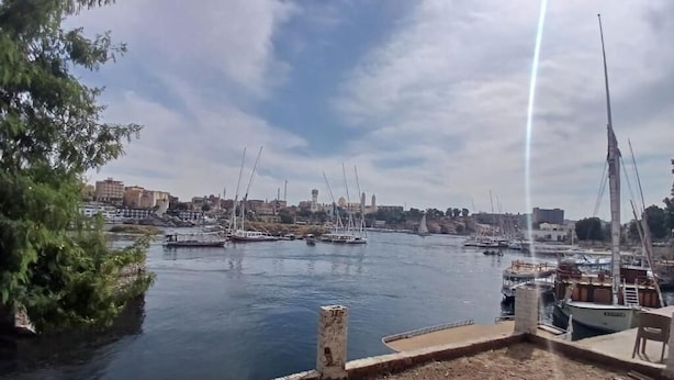 Un puerto deportivo con barcos amarrados, cielo despejado y un paisaje urbano al fondo.