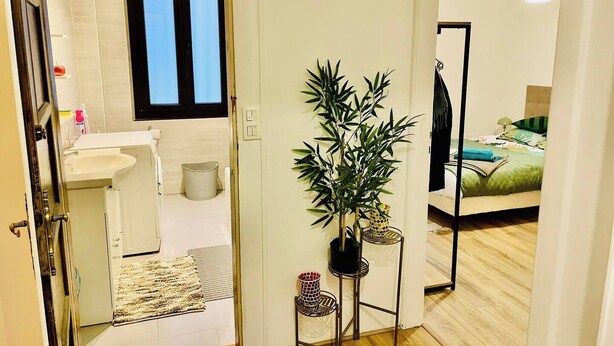 Un apartamento moderno con un baño, una cama y una planta en maceta.