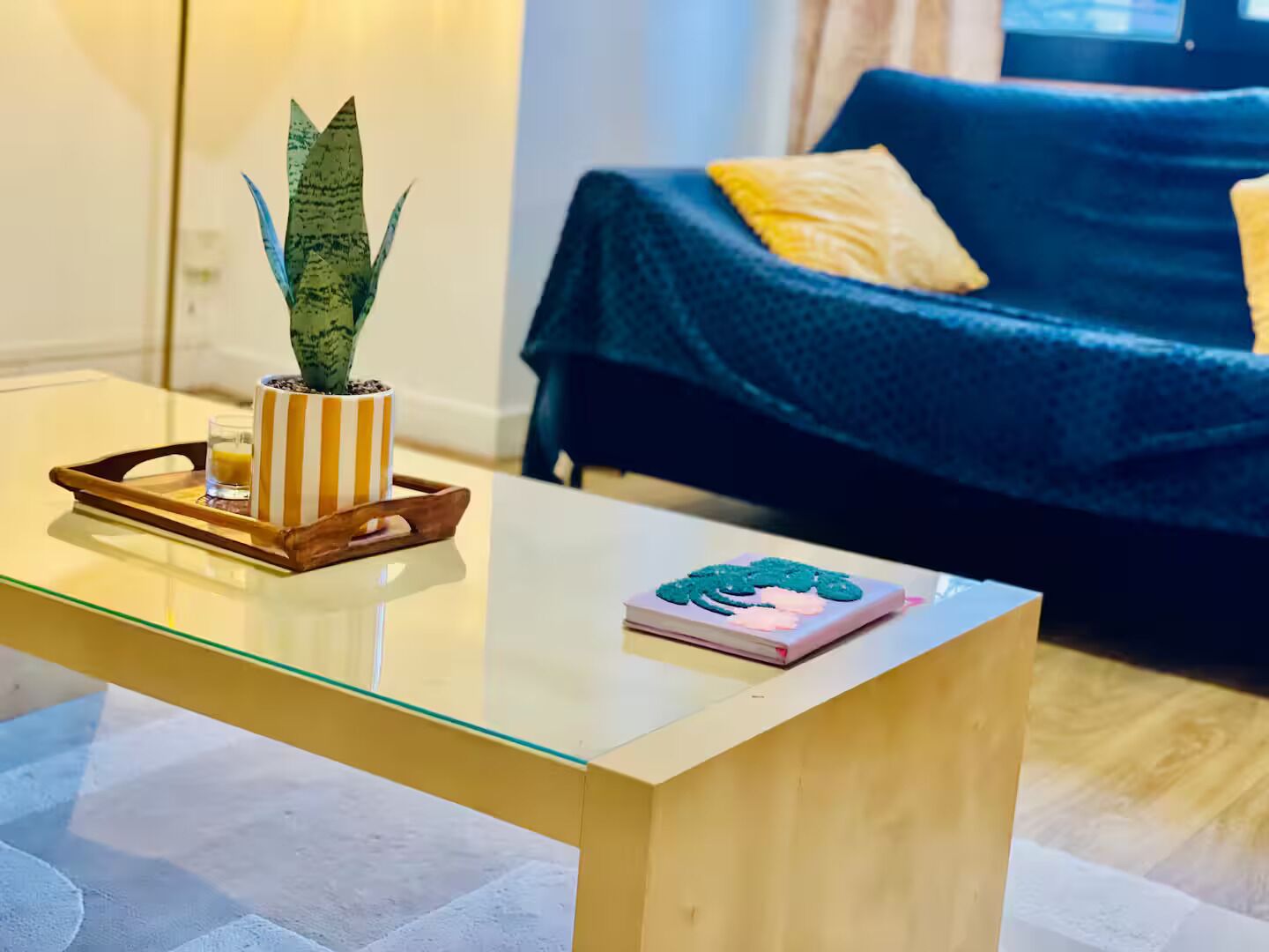 A glass-top coffee table with a potted plant and a decorative item.
