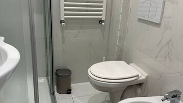 Shower, hair dryer, bidet, towels