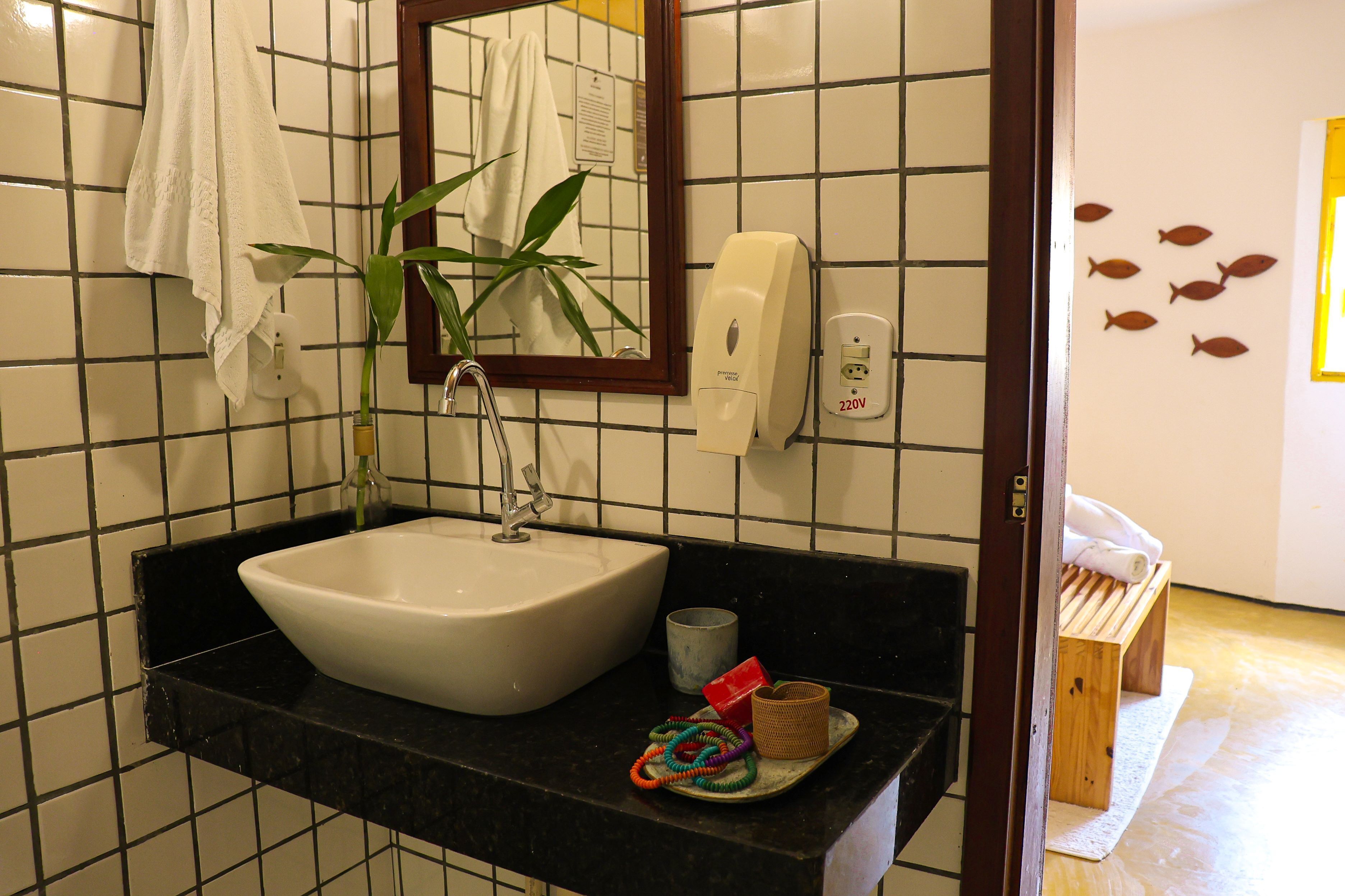 A bathroom with a sink, mirror, towel rack, and a plant.
